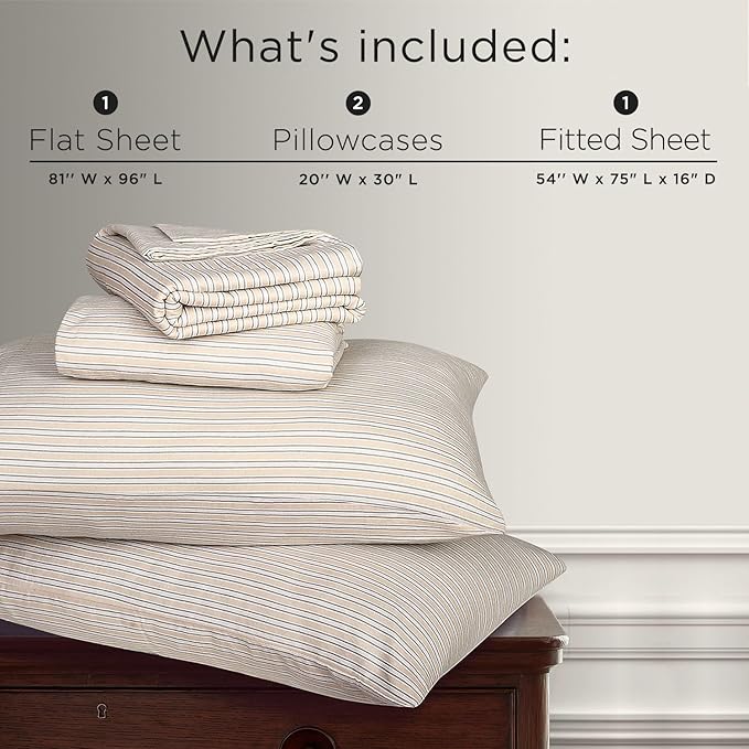 Briarwood Home® 100% Cotton Printed Flannel Sheet Set 4 Piece Brushed Turkish Bedding Super Soft, Warm, Cozy, Deep Pocket & Breathable All Season Sheets & Pillow Set (Oak Stripes, Full)
