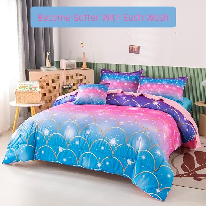 PERFEMET Blue Pink Mermaid Tail Girls Bedding Set, 6 Pcs Colorful Rainbow Queen Size Comforter Set with Sheets, Sparkle Glitter Tie Dye Teen Girl Bed in A Bag Kids Bed Sets