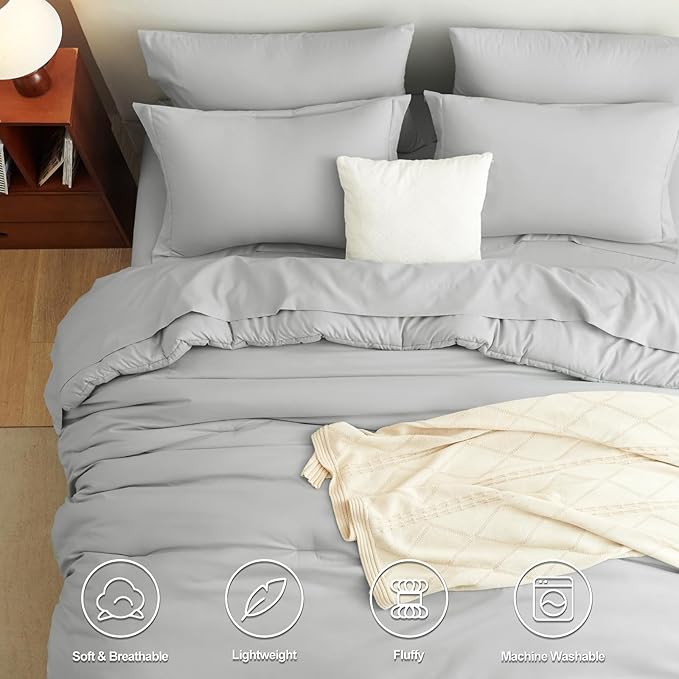 CozyLux King Size Comforter Set Light Grey, 7 Pieces Bed in a Bag King Comforter Set with Sheets, Bedding Set with Down Alternative Comforter, Fitted Sheet, Flat Sheet, Pillow Shams and Pillowcases