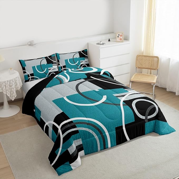 Modern Turquoise Decor Comforter King Geometric Circles Gird Bedding Set For Boys Girls Kids Teens Adult Black Grey Down Comforter Stripe Swirls Duvet Set Modern Graphic Texture Quilted Comforter