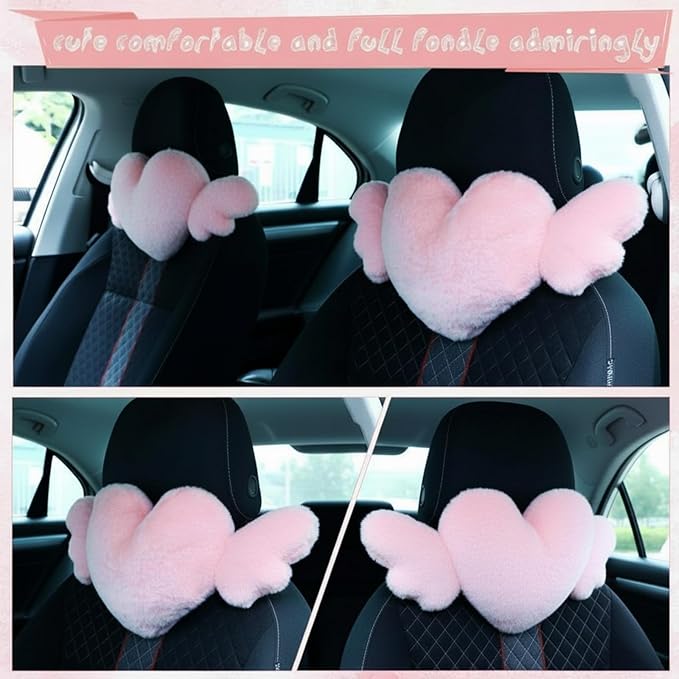 Macarrie 2 Pcs Plush Heart Shaped Pillow with Angel Wings Car Headrest Soft Comfortable Car Seat Pillow for Driving Travelling Room Office Car Decor, 19.7 x 8.3 Inch(Rose Red)