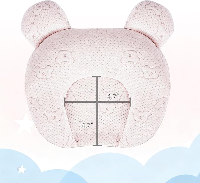 Portable Baby Pillow, Adjustable Cute Cartoon Bear Soft and Cozy Pillow, Ergonomic Design Soft Hypoallergenic Pillows for Newborn Babies Sleeping Prevent Flat Head