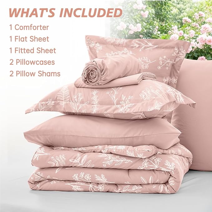 MUXHOMO Cameo Pink Full Comforter Set, Elegant Floral Print Bed in a Bag 7 Pieces, Ultra Soft & Breathable Reversible Botanical Pattern Bedding Set with Comforter, Sheets, Pillowcases, and Shams