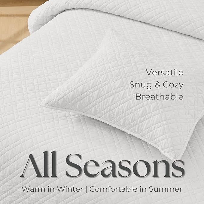 DOWN HOME Twin Quilt Set with Sham Lightweight Quilted Bedspread Coverlet Thin Comforter Bed Cover Vintage Washed Quilted Blanket for All Season, Brushed Microfiber Diamond Stitching, White, 66"x92"