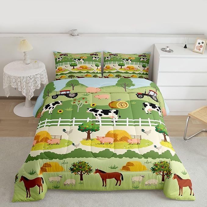 Feelyou Kids Cartoon Farm Animals Comforter Set Girls Boys Cute Pig Cow All Season Down Comforter Kawaii Horse Chicken Duck Bedding Set Room Decor Funny Farm Nursery Quilt Twin Size 2Pcs Boys