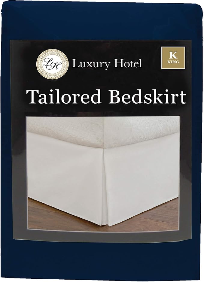 Luxury Hotel Tailored Bed Skirt, Box Pleats, 14 Inch Drop, King, Navy
