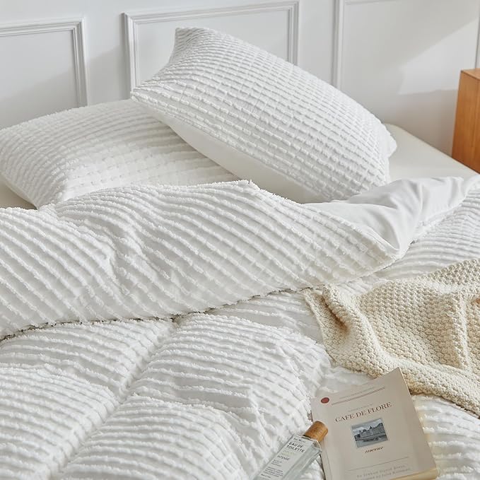 WARMDERN Boho Duvet Cover Set King Size,White Striped Duvet Cover Microfiber Bedding Set,3PCS Ultra Soft Breathable Lightweight Tuft Texture Pattern Duvet Covers with Zipper Closure(White,King)