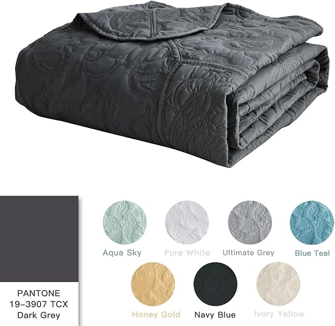 HZ & HY Queen Size Bedspread, Quilted Coverlet Bedding Set, Lightweight Thin Comforter, Reversible, Luxurious, 5 Piece, 100% Microfiber, Queen, Dark Grey