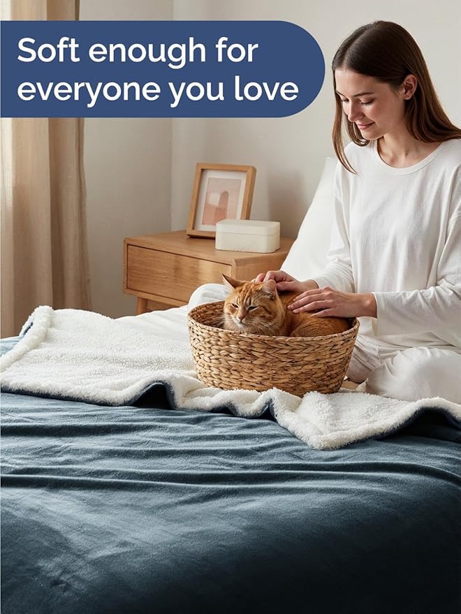 Sherpa Fleece Blanket Queen Size - Reversible Sherpa Fleece Queen Blanket - Super Soft Double Sided for Bed, Sofa, Couch - Thick, Warm, Fuzzy & Plush - Luxurious Bedding for Winter - Navy, 90" x 90"