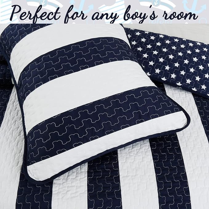 Cozy Line Home Fashions Sailor Popeye 's Bedding Quilt Set, Nautical Navy Blue White Star Striped 100% Cotton Reversible Coverlet Bedspread for Kids Boy (Sailor Star, Queen - 3 Piece)