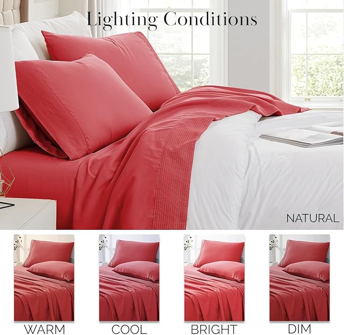 Southshore Fine Living, Inc. Pleated, 4-Piece King Size Sheets Set, 21-Inch Deep Pocket King Sheet Set, 1 Fitted Sheet, 1 Oversized Flat, 2 Red Pillow Cases, Chili Pepper Red Sheets