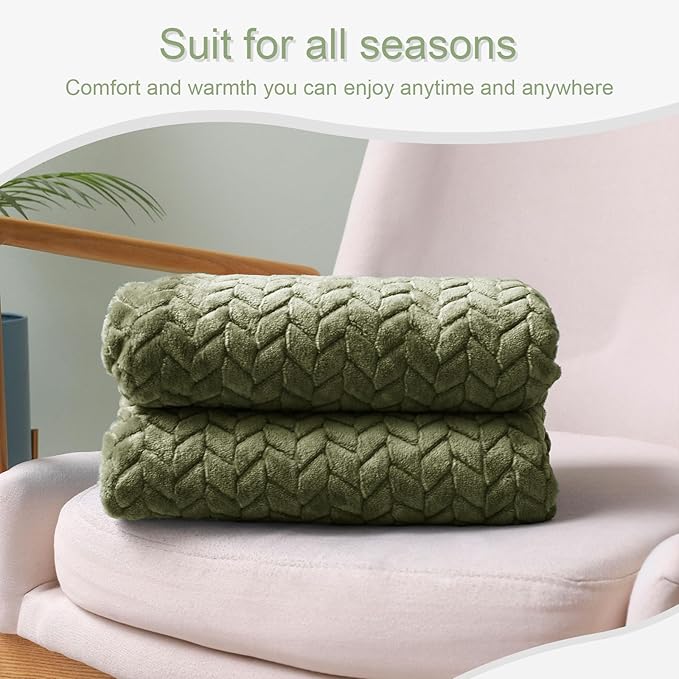 Exclusivo Mezcla Fleece Throw Blanket for Couch and Bed, 50x70 Inches Soft Cozy Jacquard Flannel Blankets, Lightweight Fuzzy Plush Warm Throws for Women, Olive Green