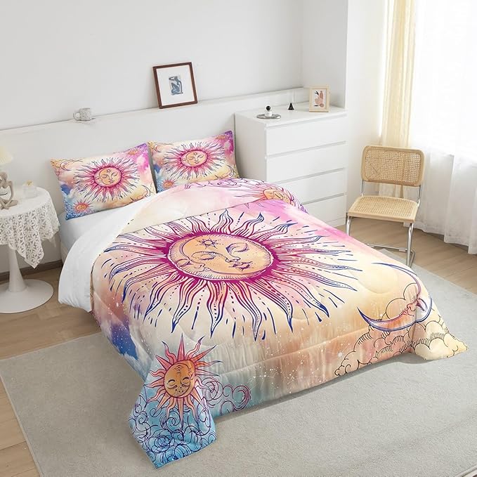 Sun and Moon Comforter Set King Stars Constellation Galaxy Bedding Set,Pink Blue Pastel Clouds Tie Dye Comforter for Kids Girls Women Boho Hippie Psychedelic Celestial Astrology Quilt Duvet Set 3 Pcs