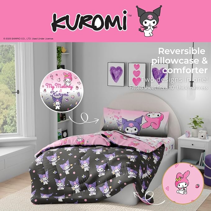 Sanrio Kuromi & My Melody Bedding 7 Piece Super Soft Cozy Reversible Comforter and Sheet Set with Sham, Full, (Officially Licensed Product) by Franco