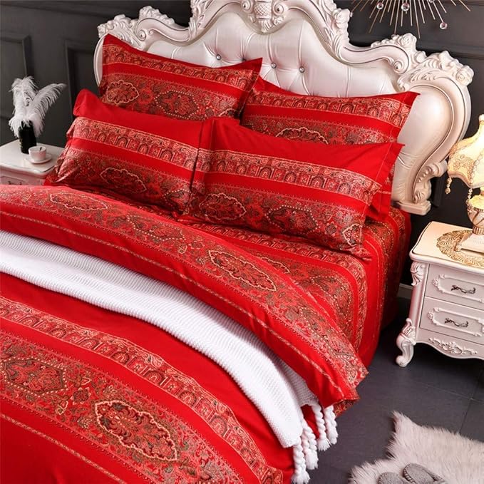 ABREEZE Cal.King Duvet Covers, Bohemian Retro Bedding Set, Coloful Mandala Down Comforter Cover, Boho Floral Style Quilt Cover, 100% Brushed Cotton, 1 Duvet Cover and 2 Pillow Shams,Red