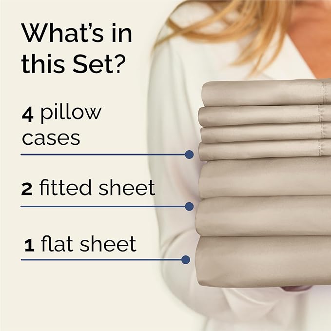 Split King 7 Piece Sheet Set - Comfy Breathable & Cooling - Ultra-Soft Hotel Luxury Bedding Set w/ 8-16 Inch Deep Pockets - 1 Flat & 2 Fitted Sheet & 4 Pillowcases - Wrinkle Free & Easy Care - Wheat