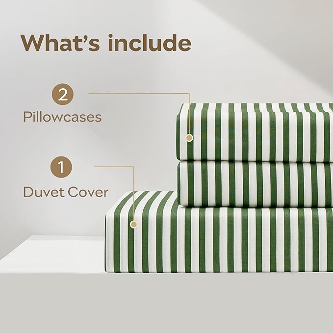 JELLYMONI 100% Natural Cotton 3pcs Striped Duvet Cover Sets,White Duvet Cover with Green Stripes Pattern Printed Comforter Cover,with Zipper Closure & Corner Ties(King Size)