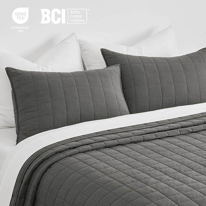 EVERGRACEHOME 100% Cotton Box Stitch Quilt Bedding Set Queen Size 3 Pieces, Garment-Washed Lightweight Soft Cozy Coverlet, Quilted Bedspread Sets with 2 Shams for All Season, Dark Gull Gray