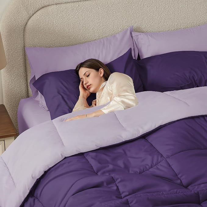Anluoer Queen Comforter Set,Dark Purple&Light Purple Bed in a Bag 7 Piece,Lightweight Bedding Set with Down Alternative Fill,Bed Set Includes Comforter, Fitted Sheet, Flat Sheet,Pillowcases and Shams