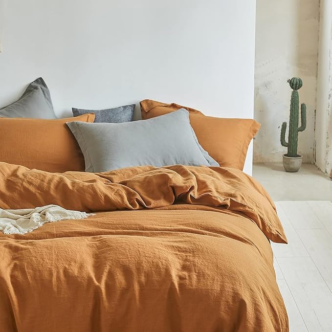 Simple&Opulence 100% Linen Duvet Cover Set, 3 PCS Natural French Flax Rust Duvet Cover King Size, Breathable Soft Comfy Linen Bedding Comforter Cover with 2 Pillowcases(Rust, 104"x92")