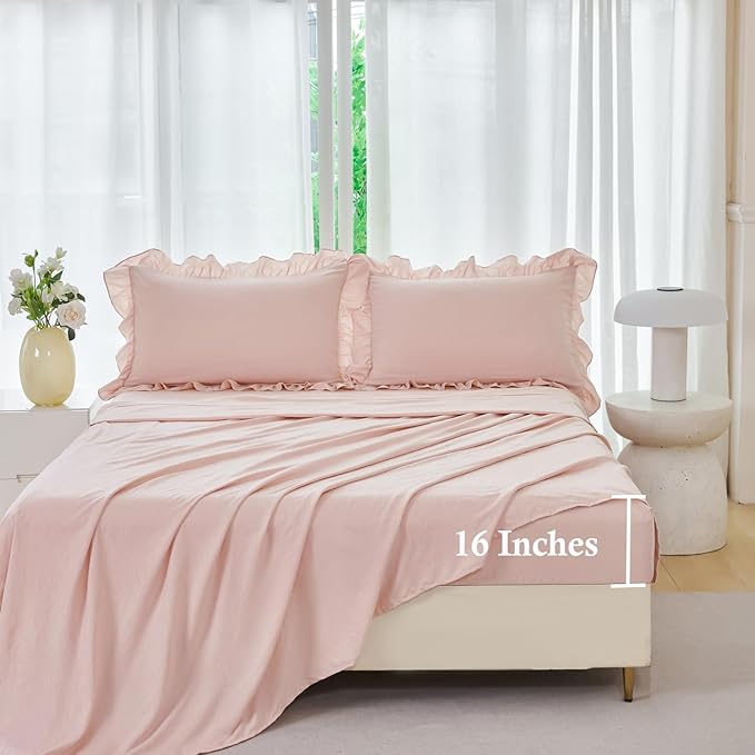 ANGIYUIN Blush Pink Comforter Sets Twin Size 5 Pieces Ruffle Bed in A Bag Farmhouse Bedding Sets Solid Color Soft Fluffy Bed Sets for Kids Girls（Blush Pink Twin）