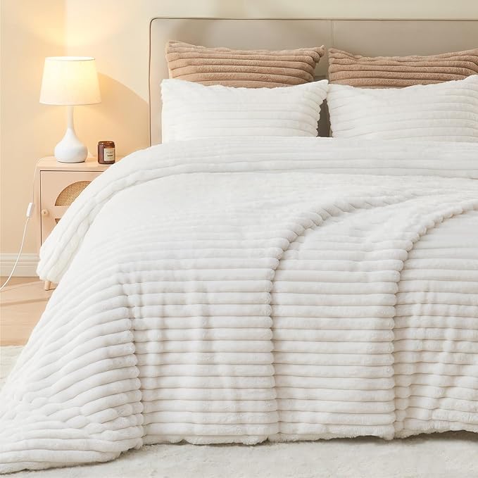 EMME Faux Fur Duvet Cover Twin Size, 2 Pieces Ultra Soft Fluffy Comforter Cover, Cozy Warm for Winter, Luxury Elegant Shaggy Striped Design Bedding, 1 Duvet Cover & 1 Pillow Shams (Twin, White)