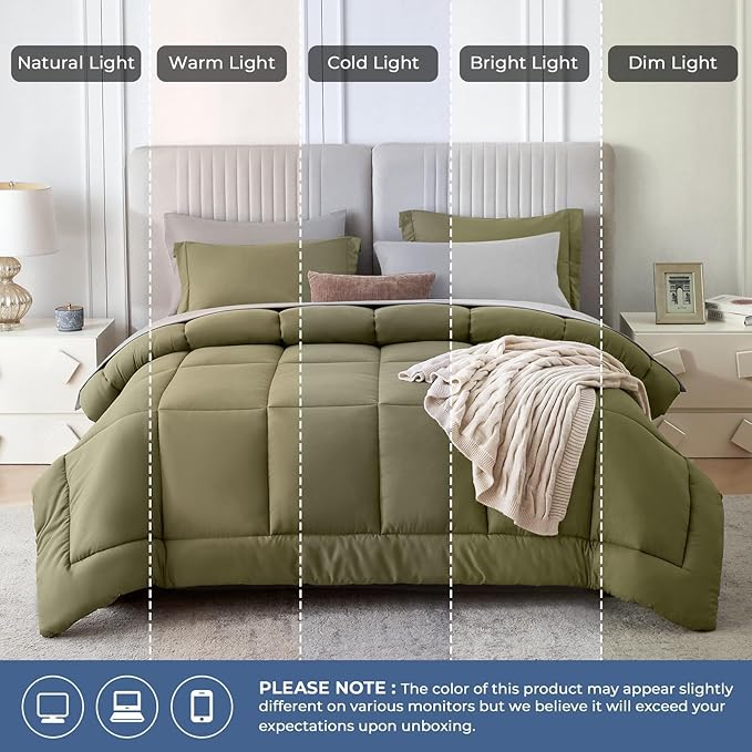 Sasttie Queen Comforter Set, 7 Pieces Bed in a Bag Queen, Complete Bedding Set Includes Comforter, Flat Sheet, Fitted Sheet, Pillowcases and Pillow Shams, Olive & Light Grey