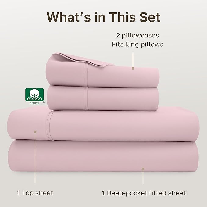 California Design Den King Size Sheets Set - 400 Thread Count Sateen, Natural 100% Cotton Sheets with Deep Pockets, Breathable and Durable Bedding Set - Pink