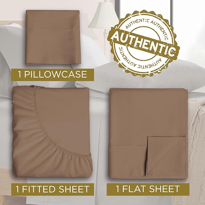 Twin XL 100% Microfiber Double Brushed Sheet Set - Extra-Soft & Wrinkle-Free - 15" Deep Pockets, 39" x 80" - Ideal for Dorms, Hospitals & Split King Beds - 3 PC Set (Twin XL, Mocha)
