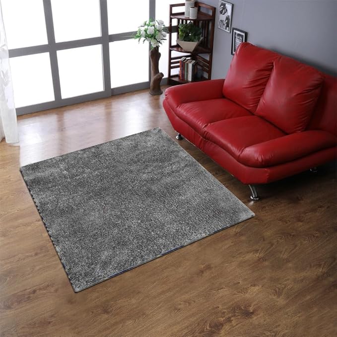 Hand Tufted SHAG Polyester ECO-Friendly Area Rugs - 8'x8', Square, Silver, Solid Plain Design, High Pile Thick Handmade Anti Skid Area Rugs for Living Room, Bed Room K00111