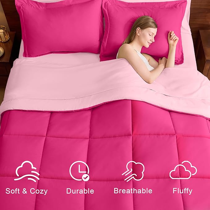 FUANNA California King Comforter Set 7 Pieces, Reversible Bedding Sets with All Season Soft Comforter, Bed in a Bag with Comforter, Flat Sheet, Fitted Sheet, Pillowcases & Shams, Hot Pink & Pink