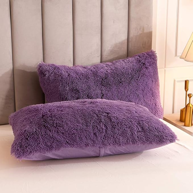 Uhamho Faux Fur Velvet Fluffy Bedding Duvet Cover Set Down Comforter Quilt Cover with Pillow Shams, Ultra Soft Warm (King, Purple)