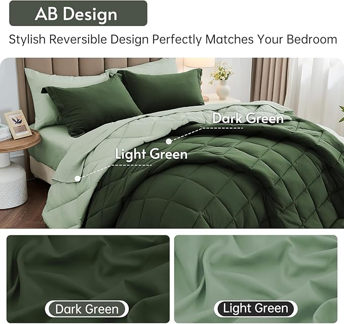 MUXHOMO 7 Pieces California King Comforter Set, Reversible Bed in a Bag Cal King Size, All Season Bedding Set with Comforter, Flat Sheet, Fitted Sheet, Pillowcases & Shams, Dark Green & Light Green
