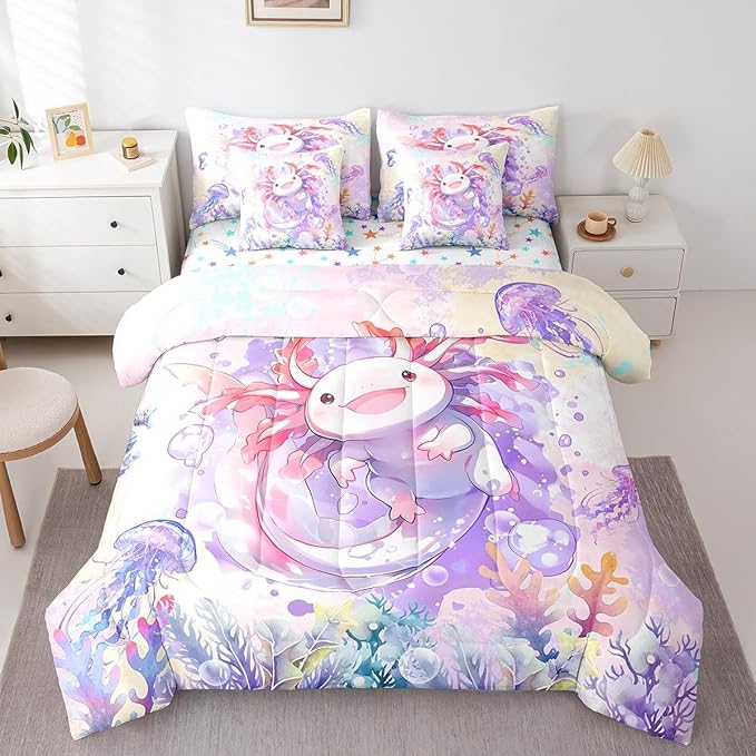 Feelyou Boys Girls Cute Axolotl 7 Pieces Bedding Sets King Size, Ocean Sealife Bed in A Bag for Cartoon Salamander Comforter Set with Sheets Kids Kawaii Teens Bed Set