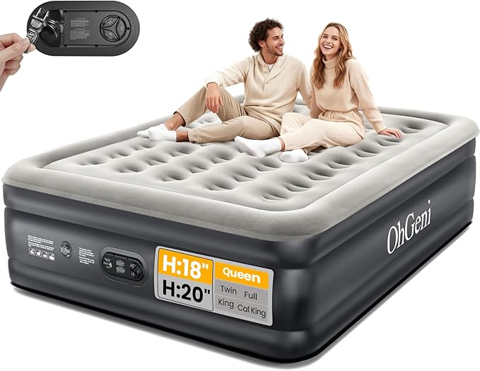 OhGeni Queen Air Mattress with Built in Pump, Inflatable Mattress Blow Up Mattress 18 Raised Comfort,Upgraded Surface Portable Bed, Air Bed for Home, Guest, Camping, Colchone Inflable, 650 lbs