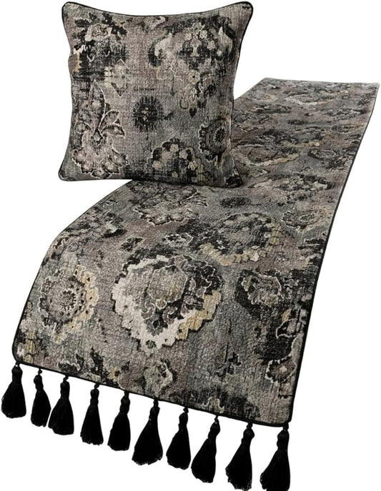 The HomeCentric Handmade Black & Grey Twin 53 x 18 inch Bed Runner with 2 Matching Pillow Cover, Velvet Damask with Tassels Bed Scarf, Abstract Modern - Paved Damask