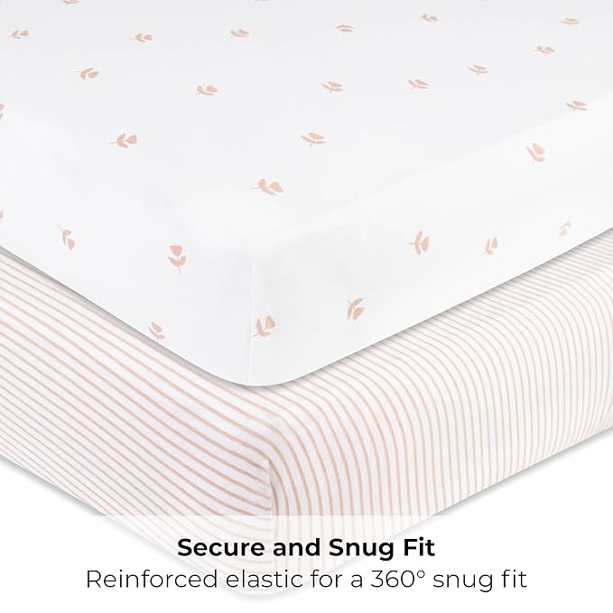 Ely’s & Co. Pack and Play Sheets, for Mini/Portable Crib, 2 Pack Fitted Playpen Play Yard Sheet Set Compatible with Graco Pack n Play, for Baby Girls, 100% Cotton, Pink Tulips and Stripes, 38”x24”x5”