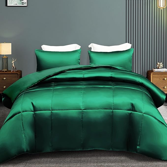 Whale Flotilla 3-Piece Reversible Silky Soft King Size Comforter Bedding Set, Luxurious Satin Comforters Oversized with 2 Satin Pillowcases, Lightweight Duvet for All Seasons, Deep Green