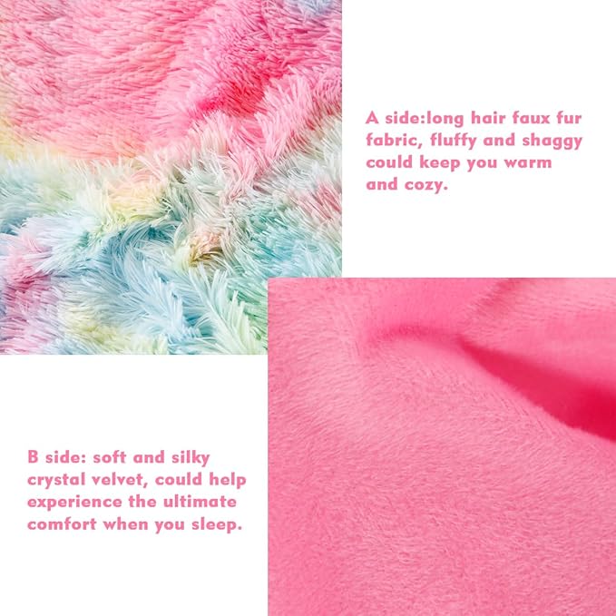 PERFEMET Pink Plush Shaggy Bedding Sets Full 3 Piece Fluffy Faux Fur Girls Comforter Set Soft Tie Dye Velvet Furry Rainbow Bedding Comforter for Teens Kids(Pink, Full)