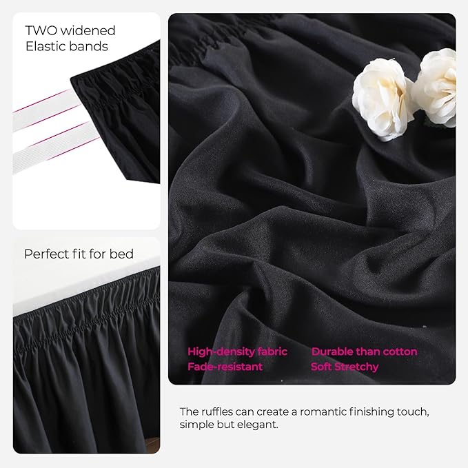 RIMELA Black Bed Skirt King Size 14 Inch Drop, Elastic Bed Skirting for Bed Base and Frame, Bedding Dust Ruffle Easy to Install, Lightweight Comforter Set with Wrap Around Adjustable Bedskirt