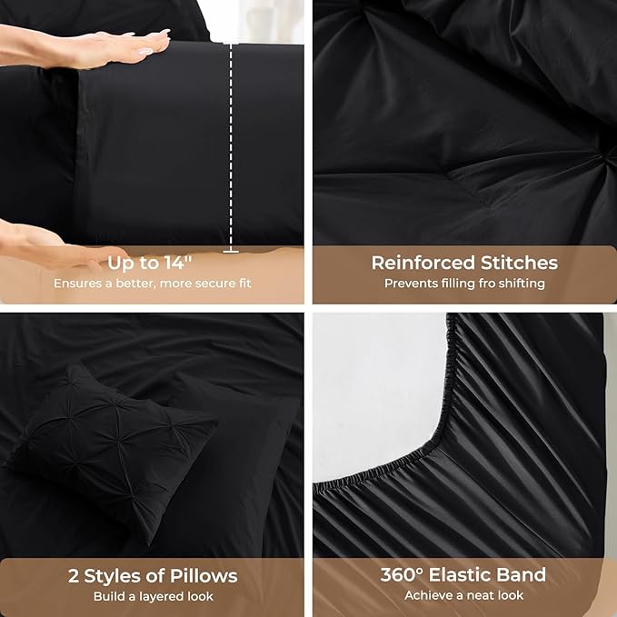 Sasttie Full Size Comforter Set, 7-Piece Bed in a Bag, Pintuck Bedding Set for All Season, Includes Comforter, Flat Sheet, Fitted Sheet, Pillowcases and Pillowshams, Black