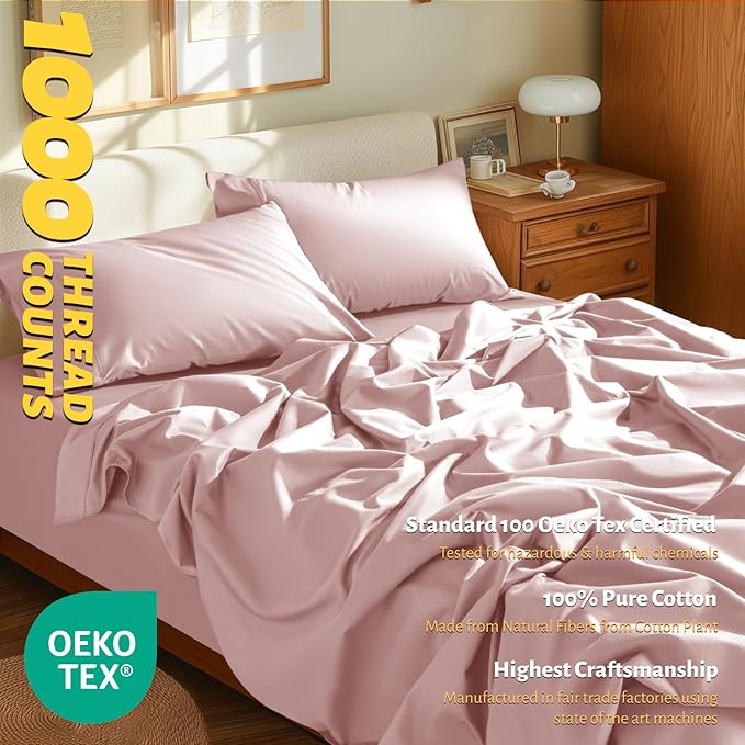 Shilucheng 100% Egyptian Cotton Queen Size Sheets Set - 1000 Thread Count，Luxury Cotton Bed Sheets，Breathable & Cooling Bedding and Pillow Cases, 16 Inch Deep Pocket - 4 Piece (Pink, Queen)