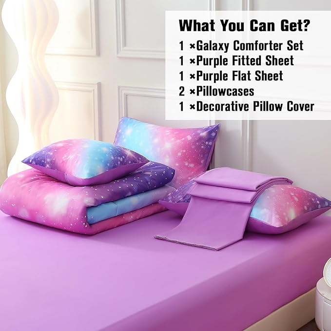 JQinHome Glitter Bedding Set Twin Size,6 Piece Bed in A Bag 3D Colorful Rainbow Galaxy Comforter Set for Girls Kids-All Season Microfiber Tie-Dye Bedding Sets(Blue Purple)