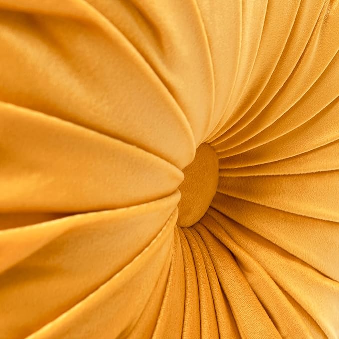 Lush Decor Round Pleated Soft Velvet Decorative Throw Pillow, 1 Count, 15" Diameter, Yellow - Plush Round Pillow, Seat Cushion, Decorative Pillows For Bed, Couch, Or Chair