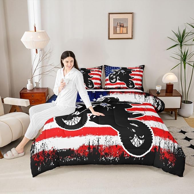 Dirt Bike Comforter Set Twin Motocross Comforter Retro American Flag Bedding Set for Kids Boys Teens Men Grunge Room Decor,Extreme Sports Tie Dye Bed Set Motor Biker Motorcycle Quilt Duvet Set 2 Pcs