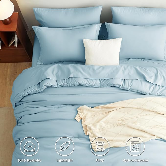 CozyLux King Size Comforter Set Light Blue, 7 Pieces Bed in a Bag King Comforter Set with Sheets, Bedding Set with Down Alternative Comforter, Fitted Sheet, Flat Sheet, Pillow Shams and Pillowcases