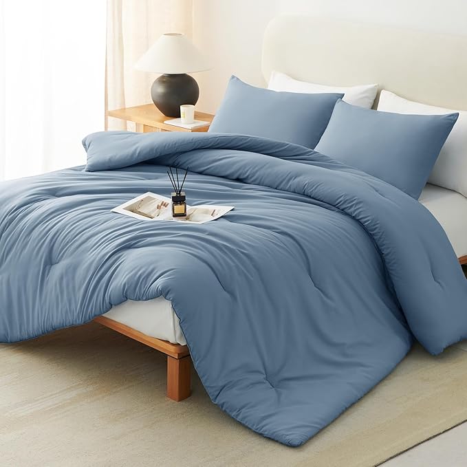 CozyLux Oversized King Comforter Set Grayish Blue, 3 Pieces 120x98 Solid Breathable Quilted Style Bedding Sets All Season, Luxury Soft Down Alternative Comforter Bed Set (1 Comforter & 2 Pillowcases)