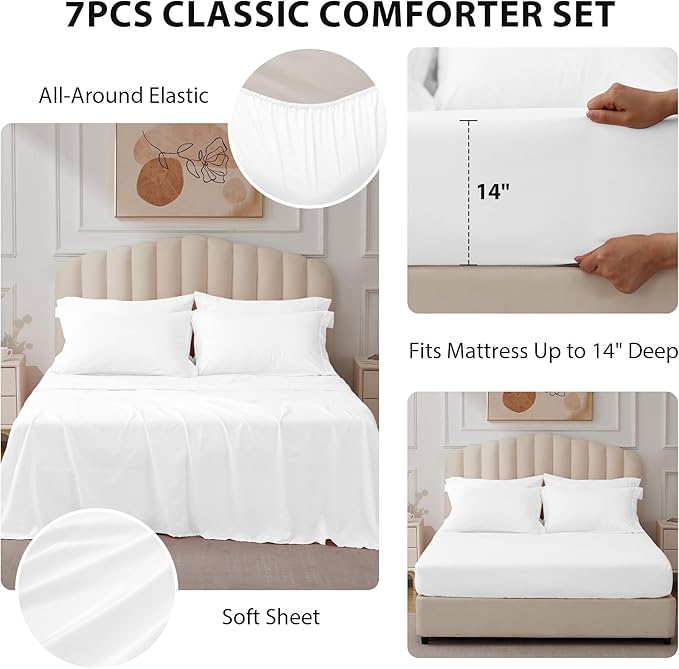 Full Comforter Set White - Bed in a Bag Full Size 7 Pieces, Soft Bedding Set for All Seasons, Premium Comforter Set with Comforter, Sheets, Pillowcases & Shams