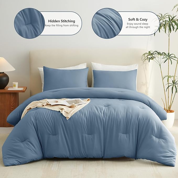 CozyLux Grayish Blue Queen Comforter Set, 3 Pieces Dusty Blue Solid Breathable Quilted Bedding Sets, Luxury Soft Fluffy Bed Set with Down Alternative Comforter All Season (1 Comforter & 2 Pillowcases)