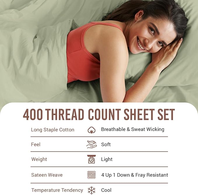 400 Thread Count Sheet Set,100% Long-staple Cotton Light Sage Queen Sheets, Sateen Weave Bed sheets, fit upto 17 inch Deep Pockets, 4Pc Set by Pizuna Linens (Light Sage Queen 100% Cotton Sheets)
